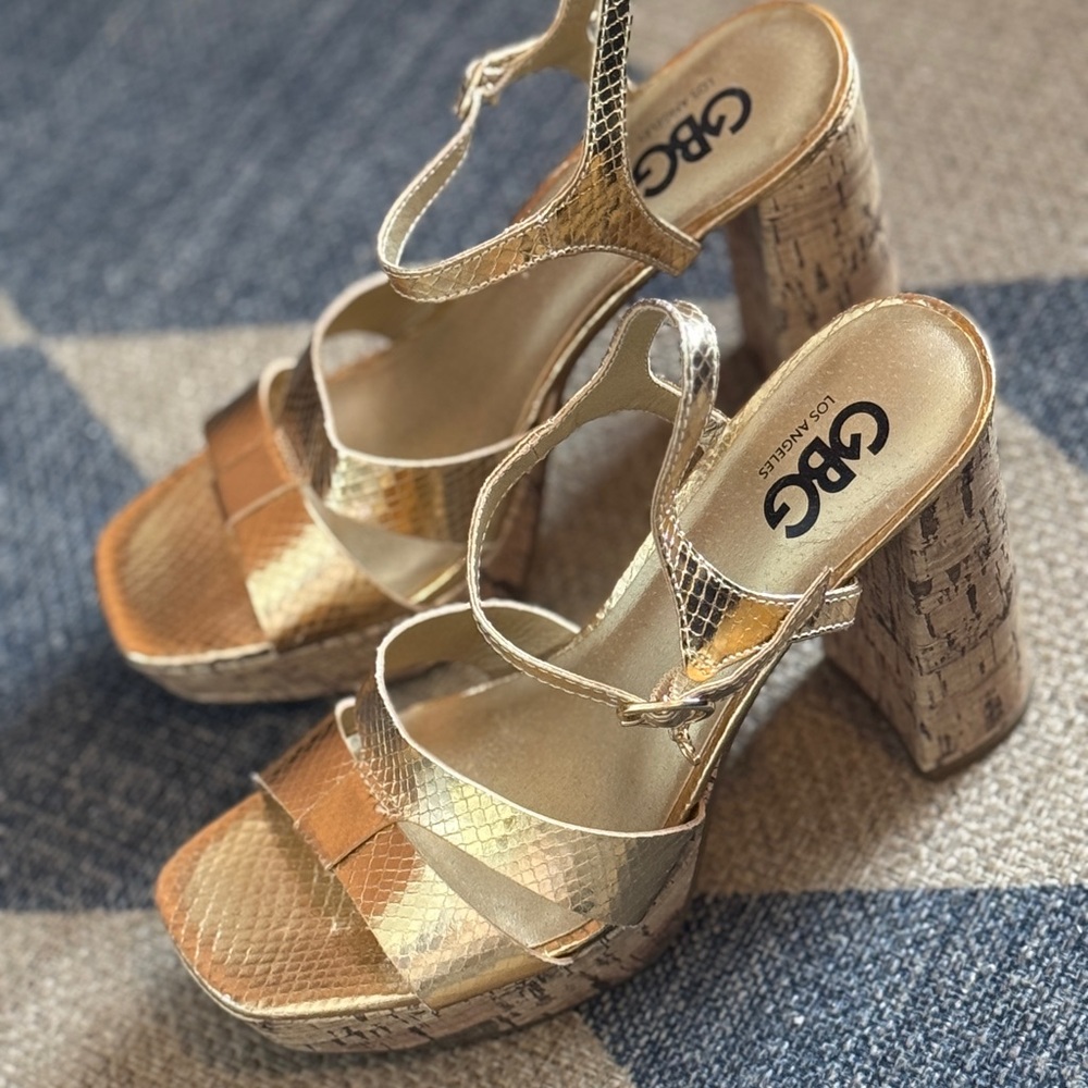 GBG Los Angeles Gold Platform Sandals with Cork Heel